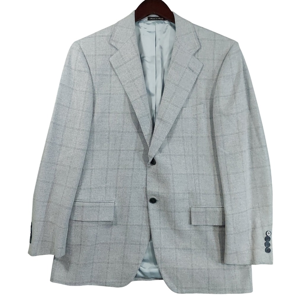 Faconnable Sport Coat Mens 51 (EU) / 41 (US) Windowpane Wool Silk Linen Italy